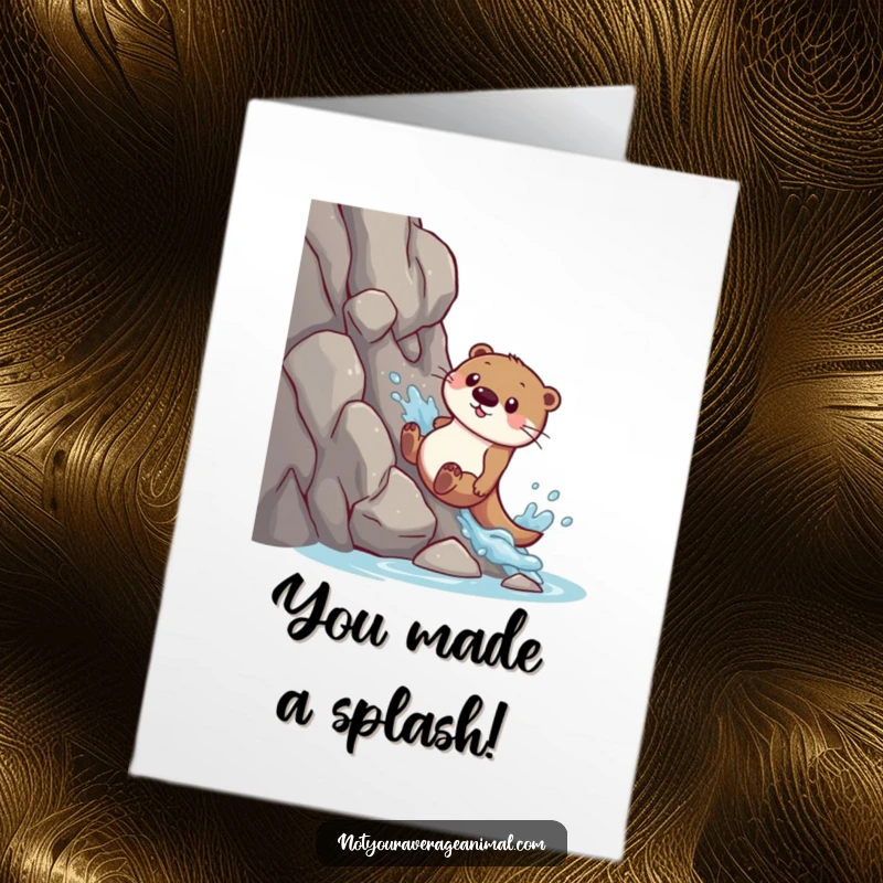 Free printable congratulations card featuring a joyful otter sliding down a rocky slope into a splash.