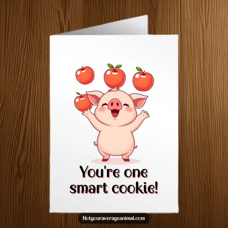 Funny Free Printable Congratulations Card: A round piglet juggling shiny apples with great enthusiasm.