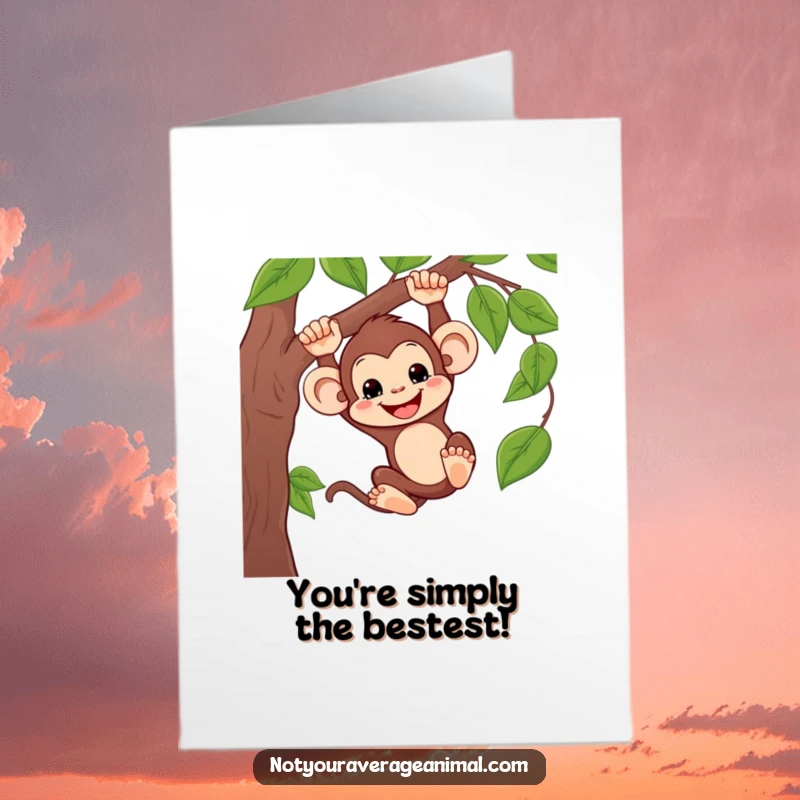 Funny free printable congrats card: A happy monkey with a wide grin swings triumphantly from a vine.
