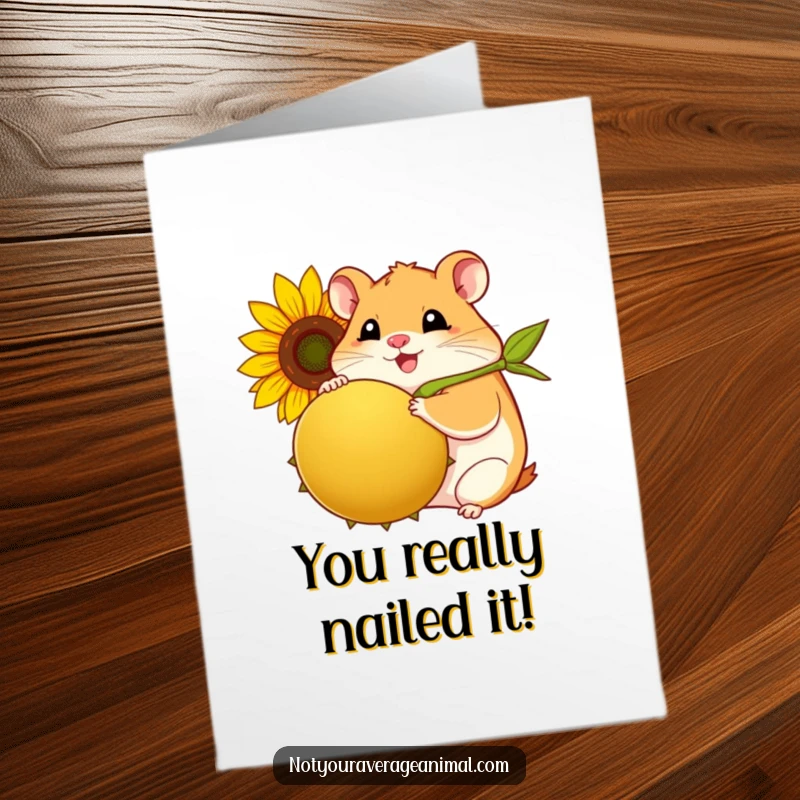 Funny Free Printable Congrats Card: A smiling hamster joyfully clutching a surprisingly large sunflower seed.