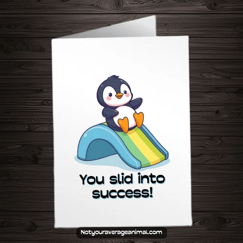 Funny Free Printable Congratulations Card with a happy penguin sliding down a colorful rainbow slide.