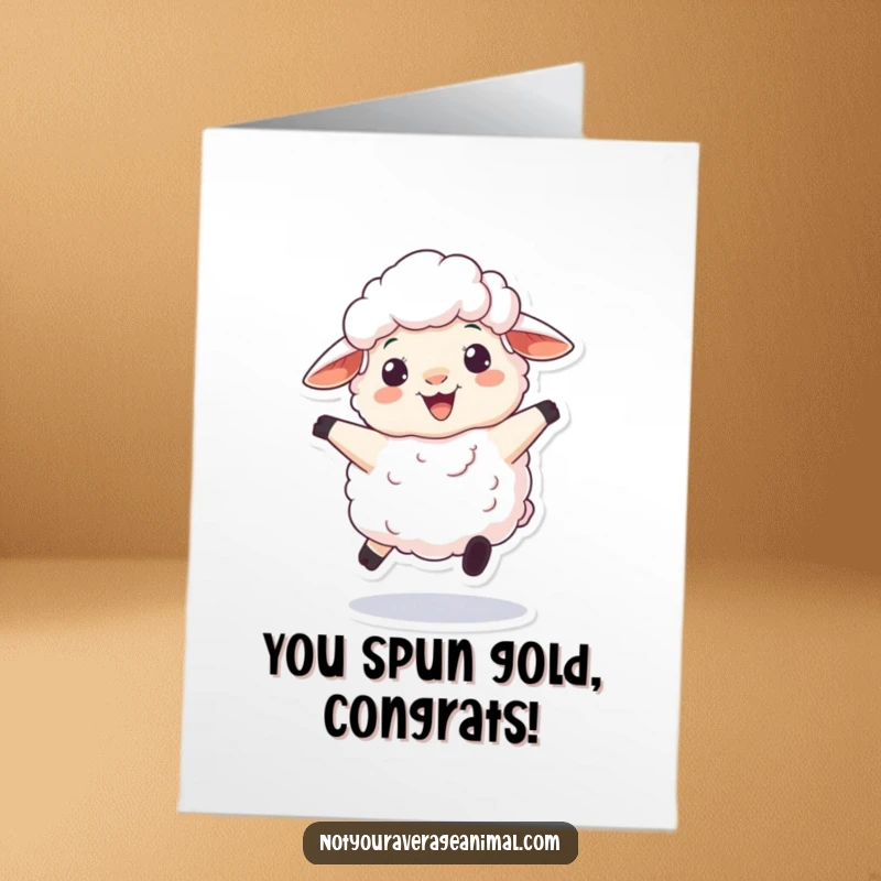 Funny Free Printable Congratulations Card: A fluffy sheep bounces joyfully with a wide, woolly grin.