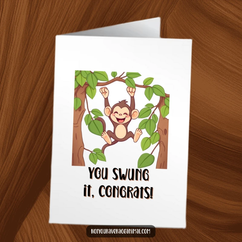 Funny Free Printable Congratulations Card: A mischievous monkey swings from a vine, giggling heartily, cheering success.