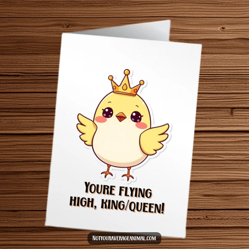 Funny Free Printable Congratulations Card: A cheerful bird wearing a tiny crown, looking pleased with its achievement. A downloadable art piece.