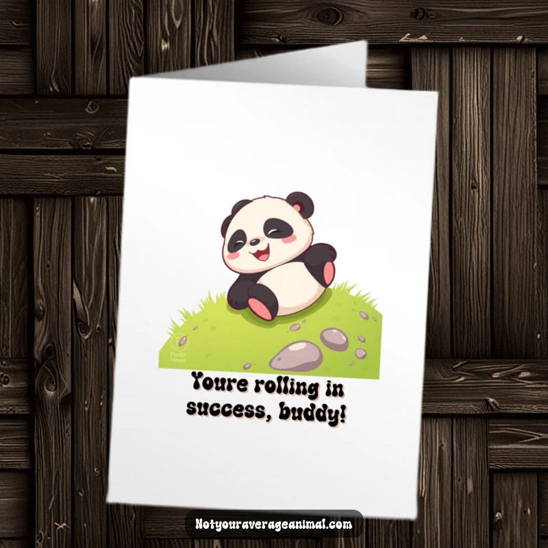 Funny Free Printable Congratulations Card: A giggling panda tumbling joyfully down a grassy slope. A downloadable art piece.