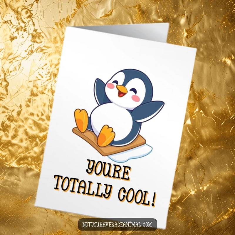 Funny Free Printable Congratulations Card of a happy penguin character sliding down an icy slope with pure joy.