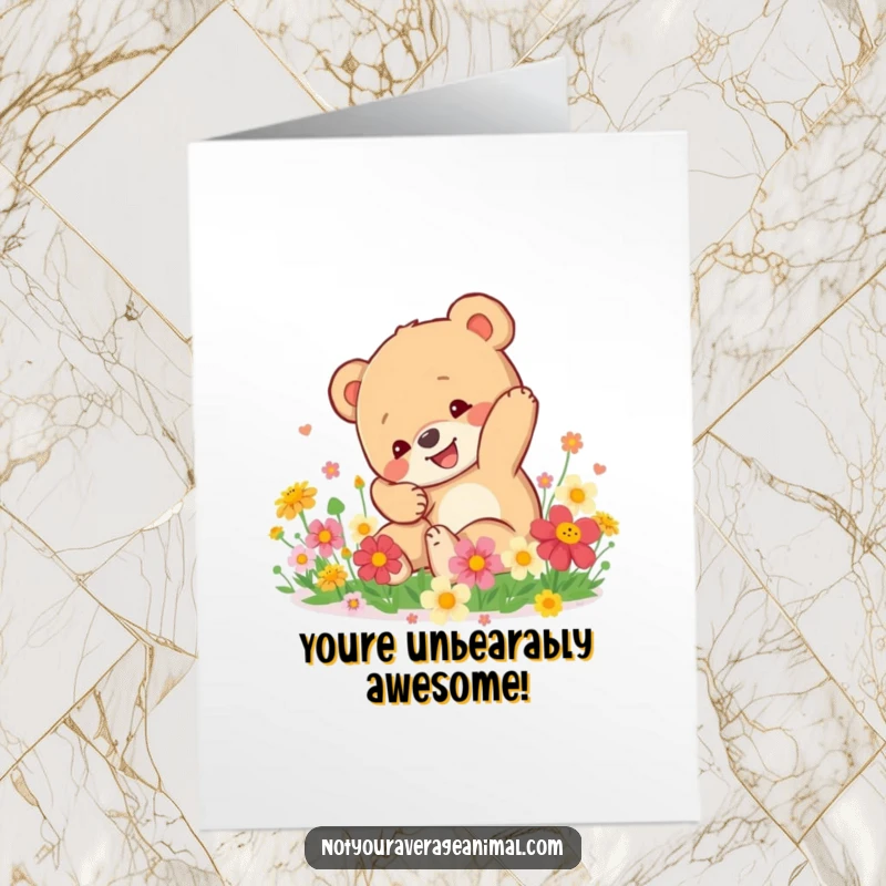 Funny free printable congratulations card of a happy bear cub tumbling in flowers, celebrating an achievement with pure delight.