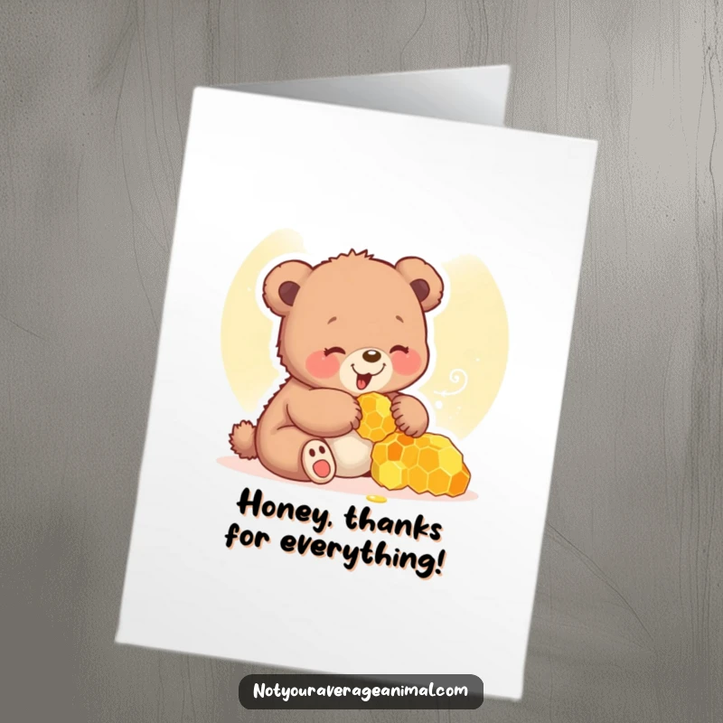 Funny Free Printable bear cub thank you card, giggling happily while playing with a honeycomb, a sweet DIY way to say thanks.