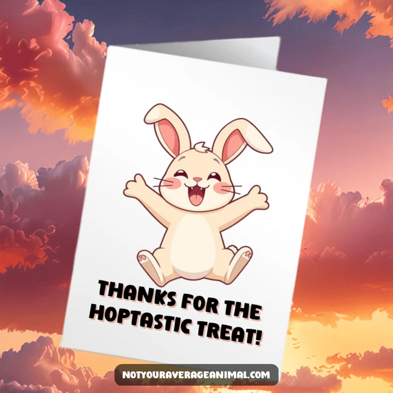 Funny Free Printable Thank You Card of a thrilled bunny with floppy ears leaping, perfect for sending thanks.