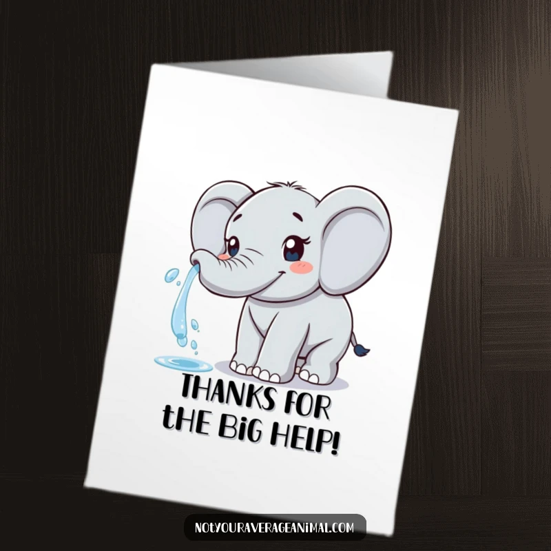 Funny Free Printable elephant thank you card with a friendly trunk happily spraying water, a joyful DIY gesture of gratitude.