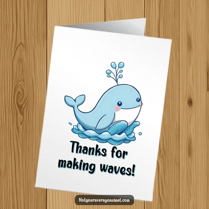 Funny Free Printable Thank You Card: Playful whale leaping from the ocean with a water spout, conveying thanks.