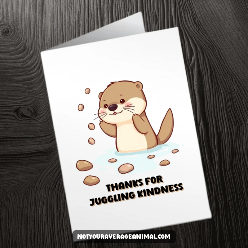 Funny Free Printable Otter Thank You Card: A curious otter juggling shiny pebbles to express heartfelt thanks. Downloadable art.