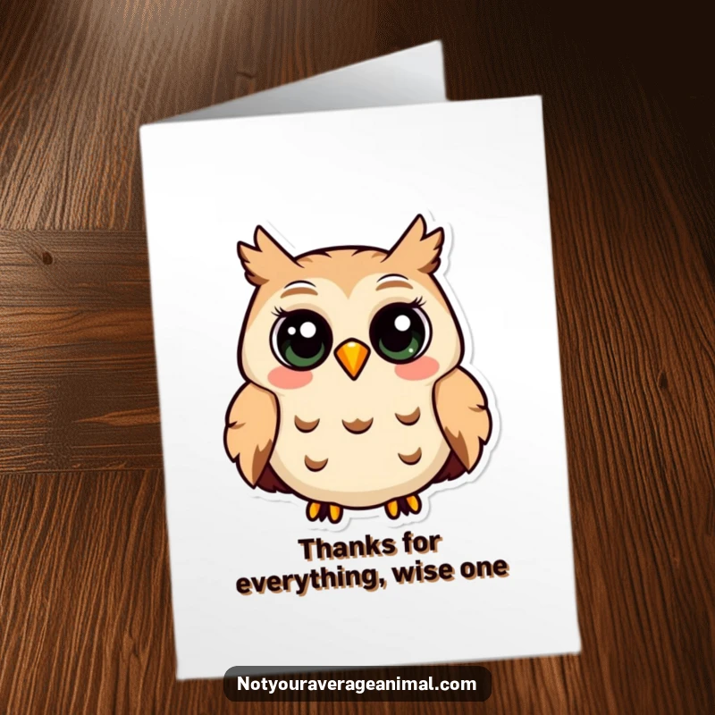 Funny free printable thank you card featuring a contented, smiling owl with large eyes, hooting softly to express gratitude.