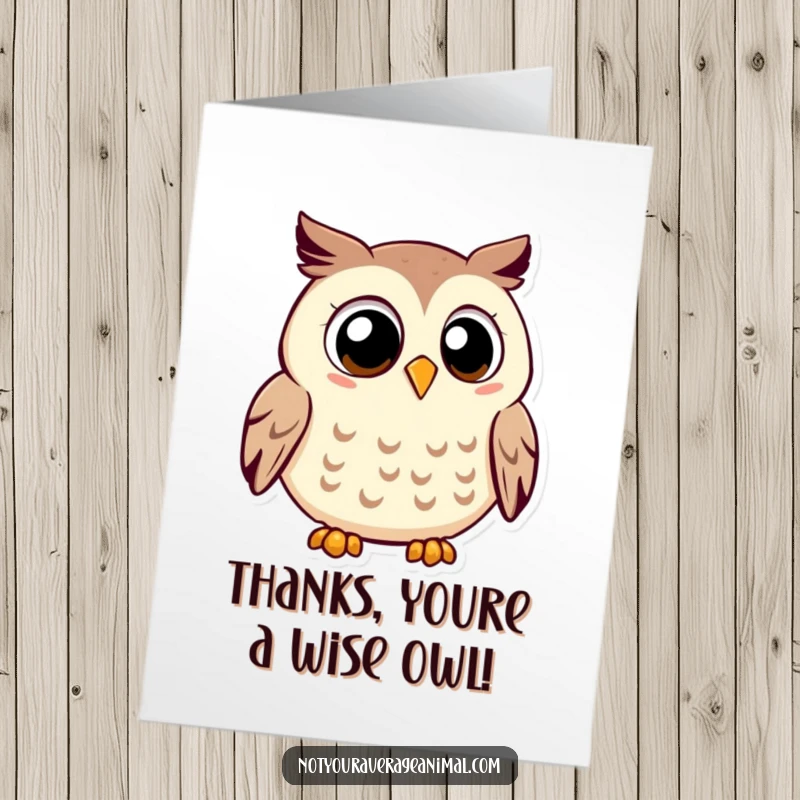 Funny Free Printable owl thank you card with a smiling owl and large eyes hooting contentedly, a wise DIY way to say thanks.