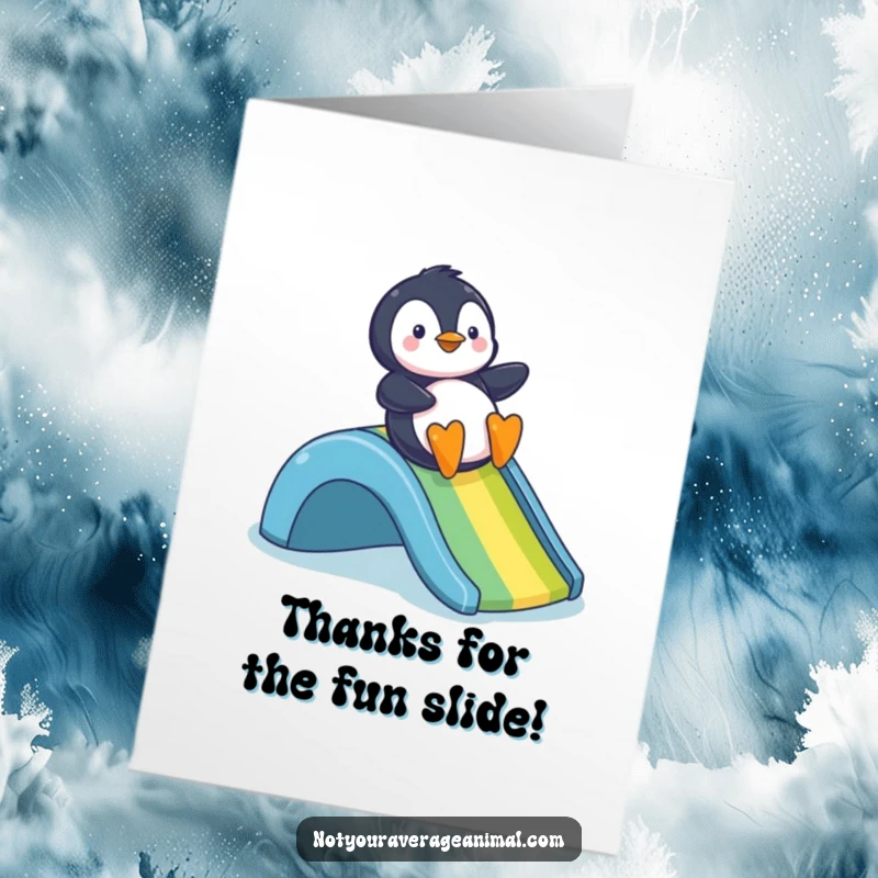 Funny Free Printable Thank You Card of a cute penguin gleefully sliding down a bright rainbow.