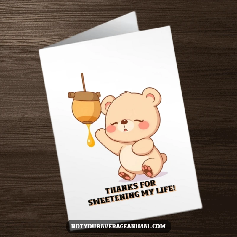 Funny Free Printable thank you card featuring a sleepy bear cub with wide eyes reaching for a tempting, dangling honeypot.
