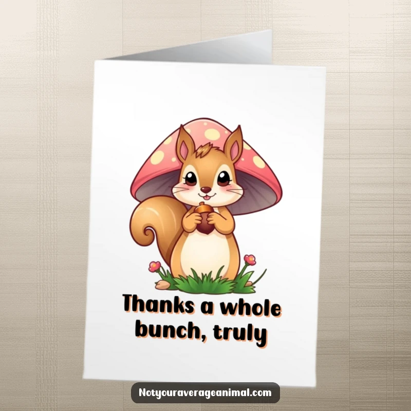 Funny free printable thank you card of a curious squirrel peeking from a mushroom, holding an acorn, expressing gratitude.