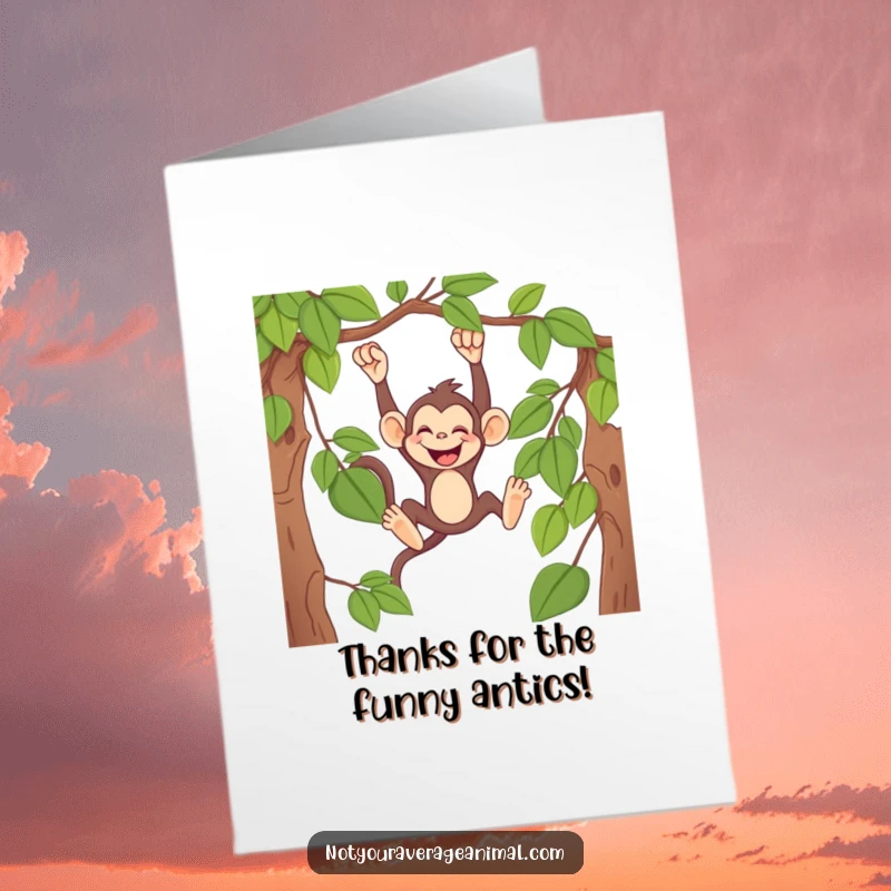 Funny Free Printable Thank You Card: A mischievous monkey swings from a vine, giggling heartily, expressing thanks.