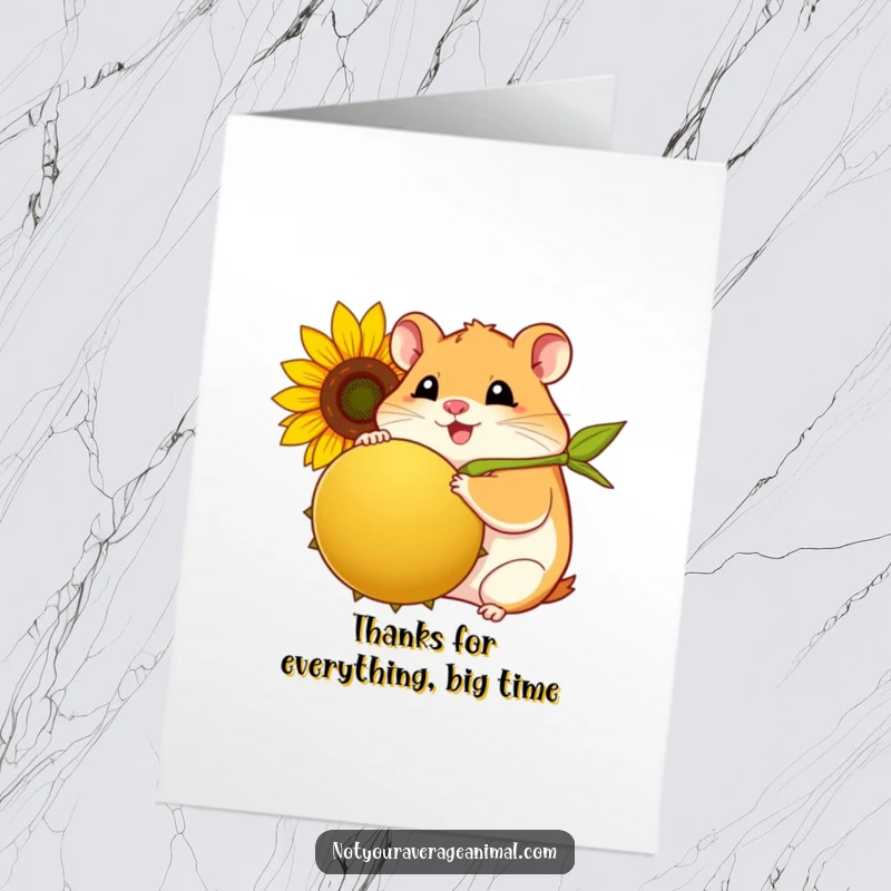 Funny Free Printable Thank You Card: A plump, happy hamster holding a giant sunflower seed, saying thanks.