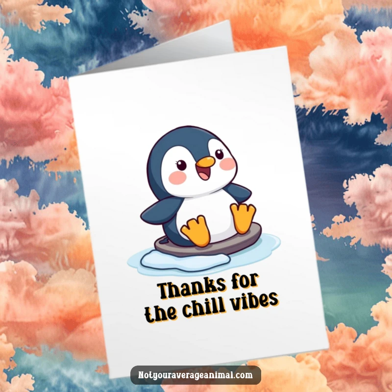 Funny Free Printable Thank You Card of a happy penguin sliding on ice, a humorous and cool way to say thanks.