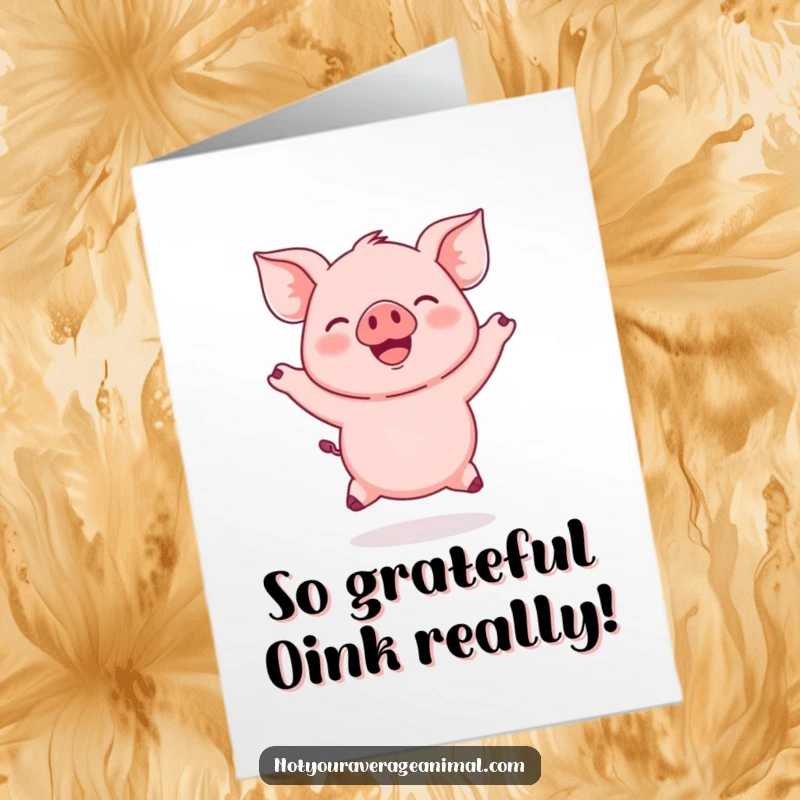 Funny free printable thank you card: A round pink piglet mid-jump, ears flapping, conveying enthusiastic thanks.