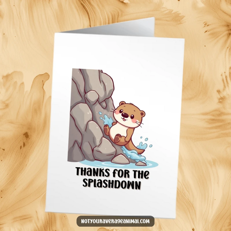 Funny free printable thank you card: a happy otter sliding down a rocky slope with a big splash.