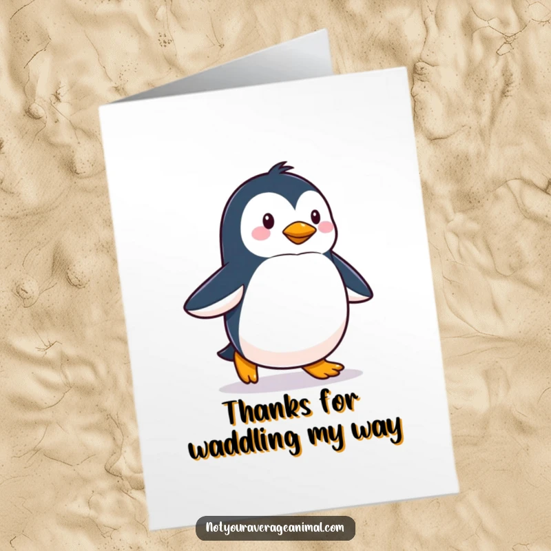 Funny free printable thank you card: A proud penguin happily waddles along, conveying sincere thanks.