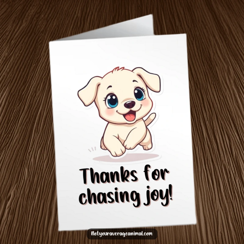 Funny Free Printable Thank You Card: A playful puppy chases its own tail with wide excited eyes, expressing thanks.