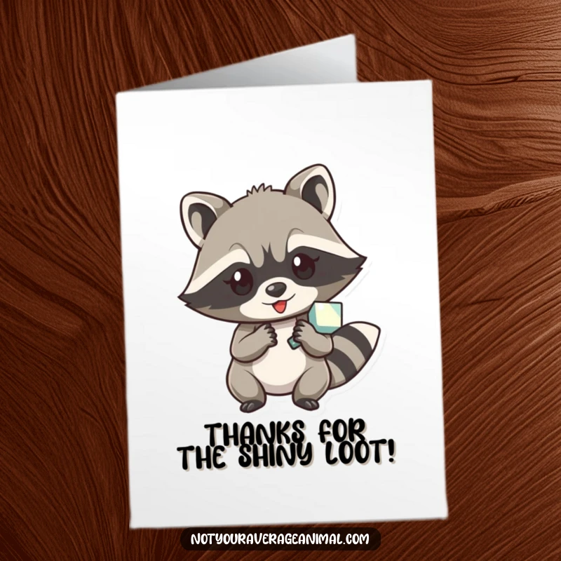 Funny Free Printable Thank You Card: A mischievous raccoon character proudly holding a shiny object, as if it's the best 'thank you' loot.