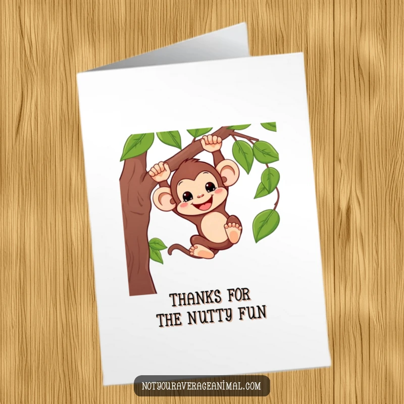 Funny free printable thank you card: A silly monkey grins while swinging on a vine, conveying thanks.