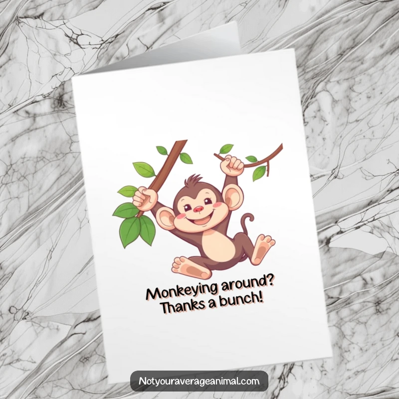 Funny Free Printable monkey thank you card with a grinning monkey swinging from a vine, expressing thanks with jungle flair.