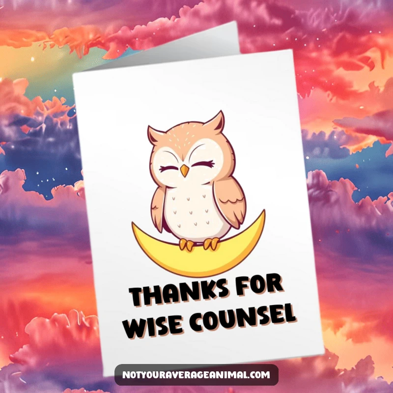 Funny free printable thank you card: A sleepy owl on a moon sends a gentle thank you, radiating calm!