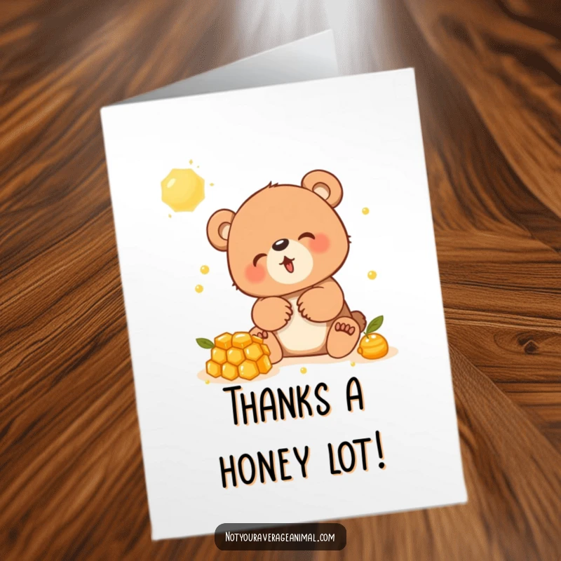 Funny free printable thank you card featuring a gleeful bear cub joyfully interacting with a sticky honeycomb, expressing sweet gratitude.