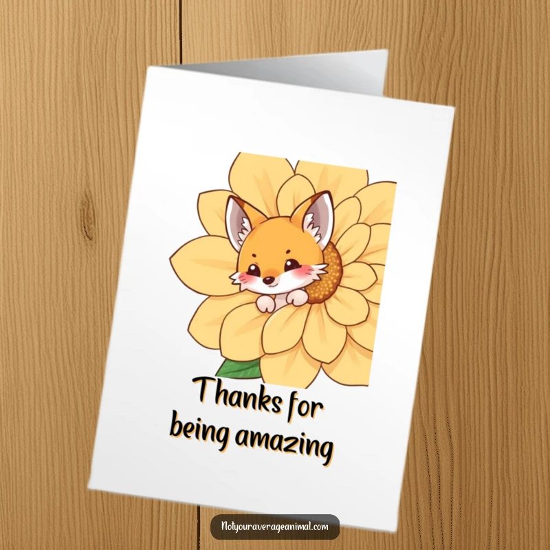 Cute free printable thank you card of a fox peeking from behind a large flower, offering thanks.