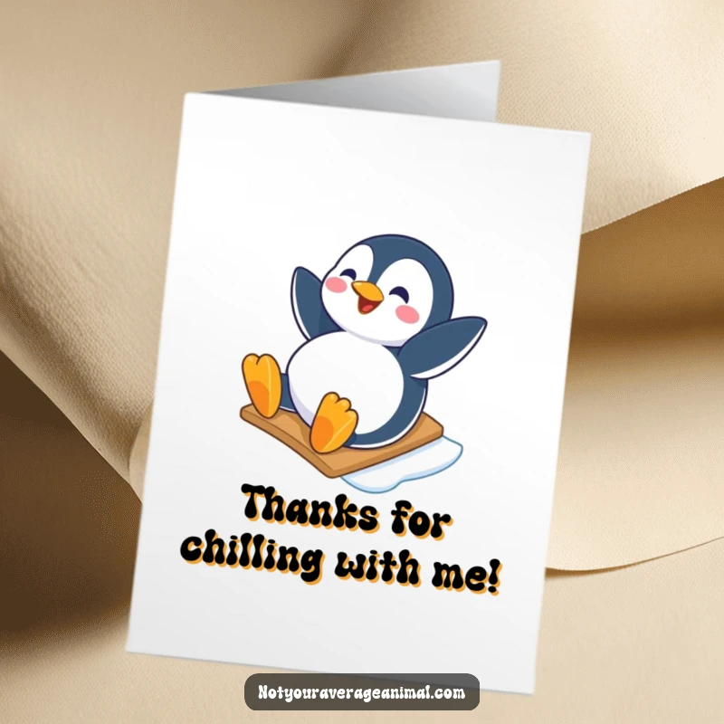 Funny Free Printable Thank You Card of a happy penguin character sliding down an icy slope with a joyful expression.