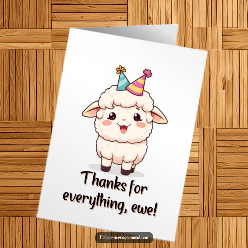 Funny Free Printable Thank You Card: A fluffy sheep in a party hat bleats happily, expressing warm and cheerful gratitude for your kindness.