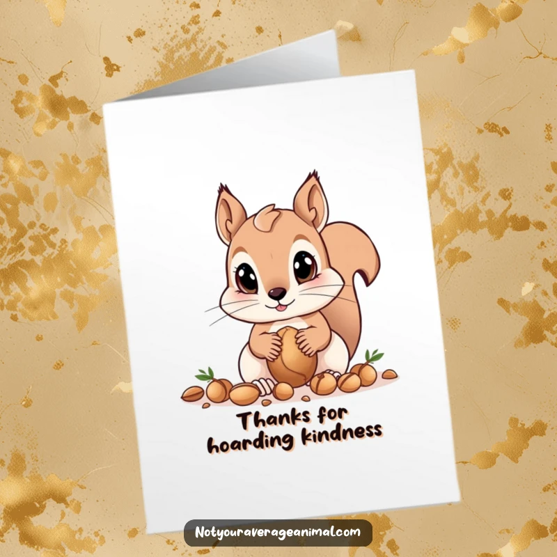 Funny Free Printable Thank You Card: A curious squirrel with big eyes gathers nuts, expressing thanks with a grateful and nutty demeanor.