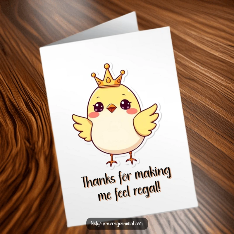 Funny Free Printable Thank You Card: A cheerful bird wearing a small crown, looking ready to bestow thanks. A downloadable gift.
