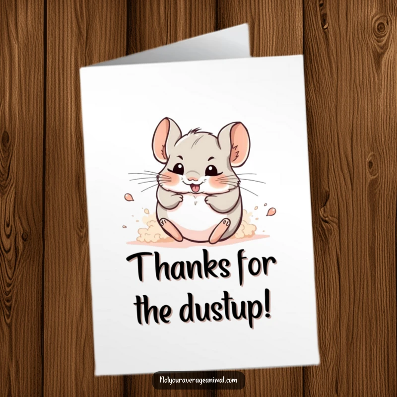 Funny free printable thank you card: a gleeful chinchilla rolling joyfully in a cloud of dust.