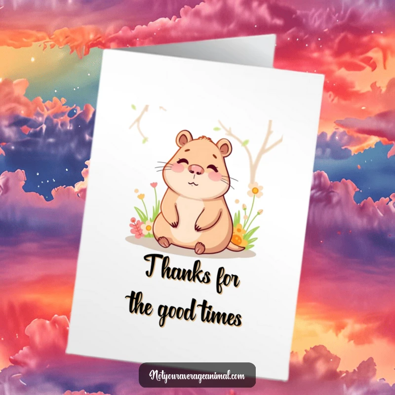 Funny Free Printable Thank You Card: A content capybara relaxing in a warm spring, conveying peaceful gratitude.