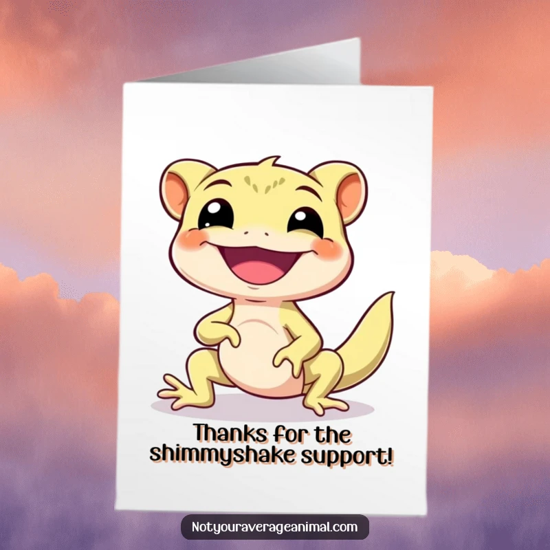 Funny Free Printable Gecko Thank You Card: A smiling gecko doing a happy little shimmy in gratitude. Downloadable art.