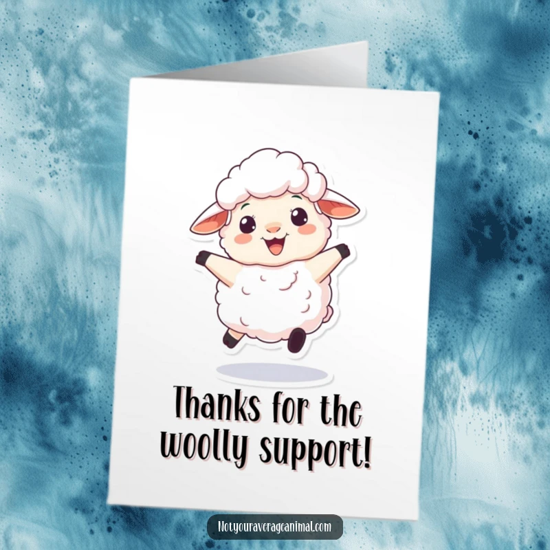 Funny Free Printable Thank You Card: A fluffy sheep bounces with a big woolly grin, spreading thanks.