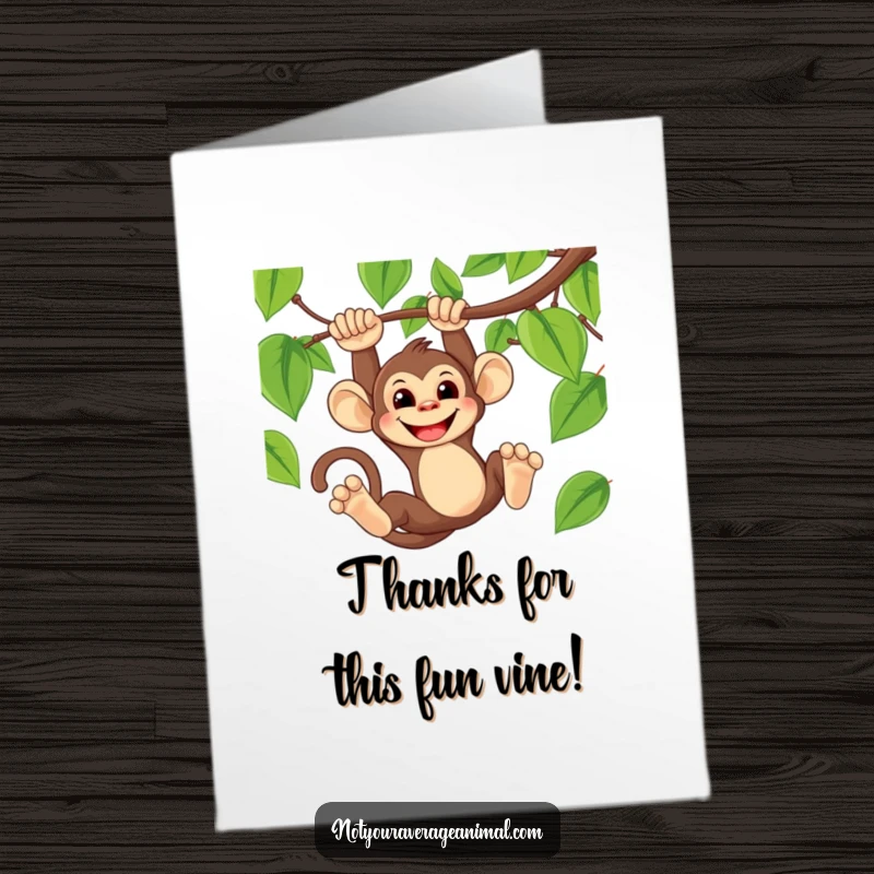 Funny Free Printable Thank You Card of a mischievous monkey swinging from a vine, wearing a big grin.