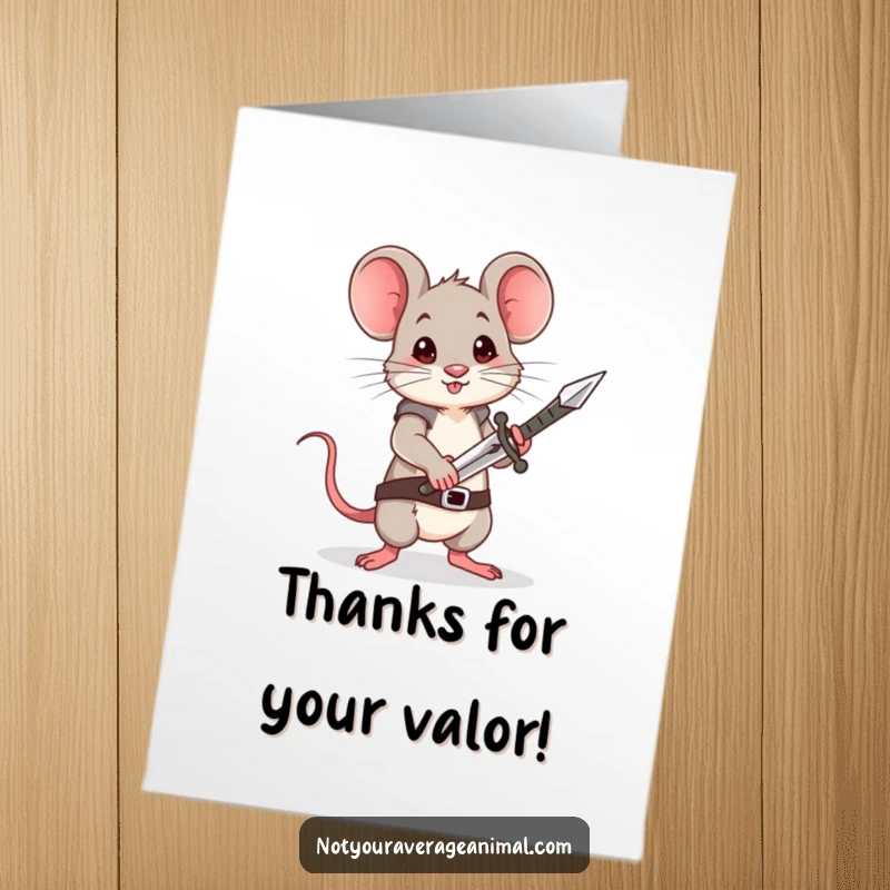 Funny free printable thank you card: A brave mouse holding a very small sword offers heartfelt thanks!