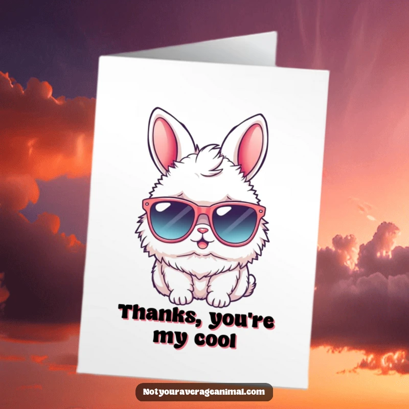 Funny free printable thank you card with a fluffy bunny in shades, offering cool gratitude.