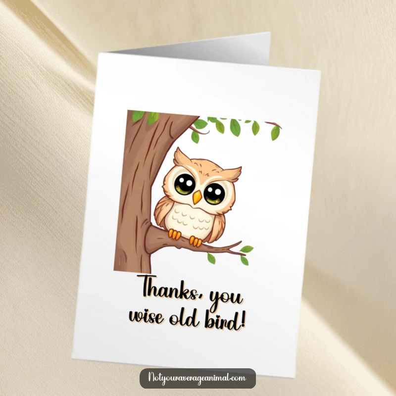 Funny Free Printable Thank You Card featuring a curious owl with large eyes peeking, sending thanks.