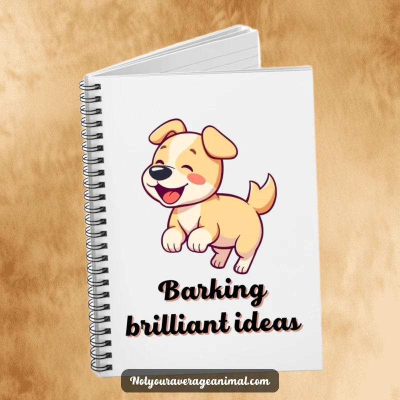 Funny dog notebook featuring a happy dog wagging its tail and barking, great for notes.