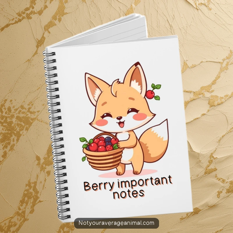 Funny Fox Notebook with a cheerful fox character carrying a basket of berries, ideal for capturing thoughts and inspiration.