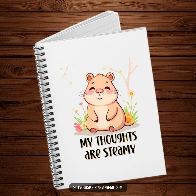 Funny capybara notebook featuring a happy character relaxing in a warm spring, perfect for journaling peaceful thoughts.