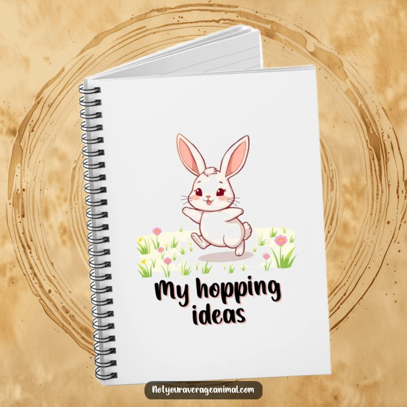 Funny notebook cover with a cheerful rabbit with long ears, hopping through a field, inspiring happy and humorous writing.